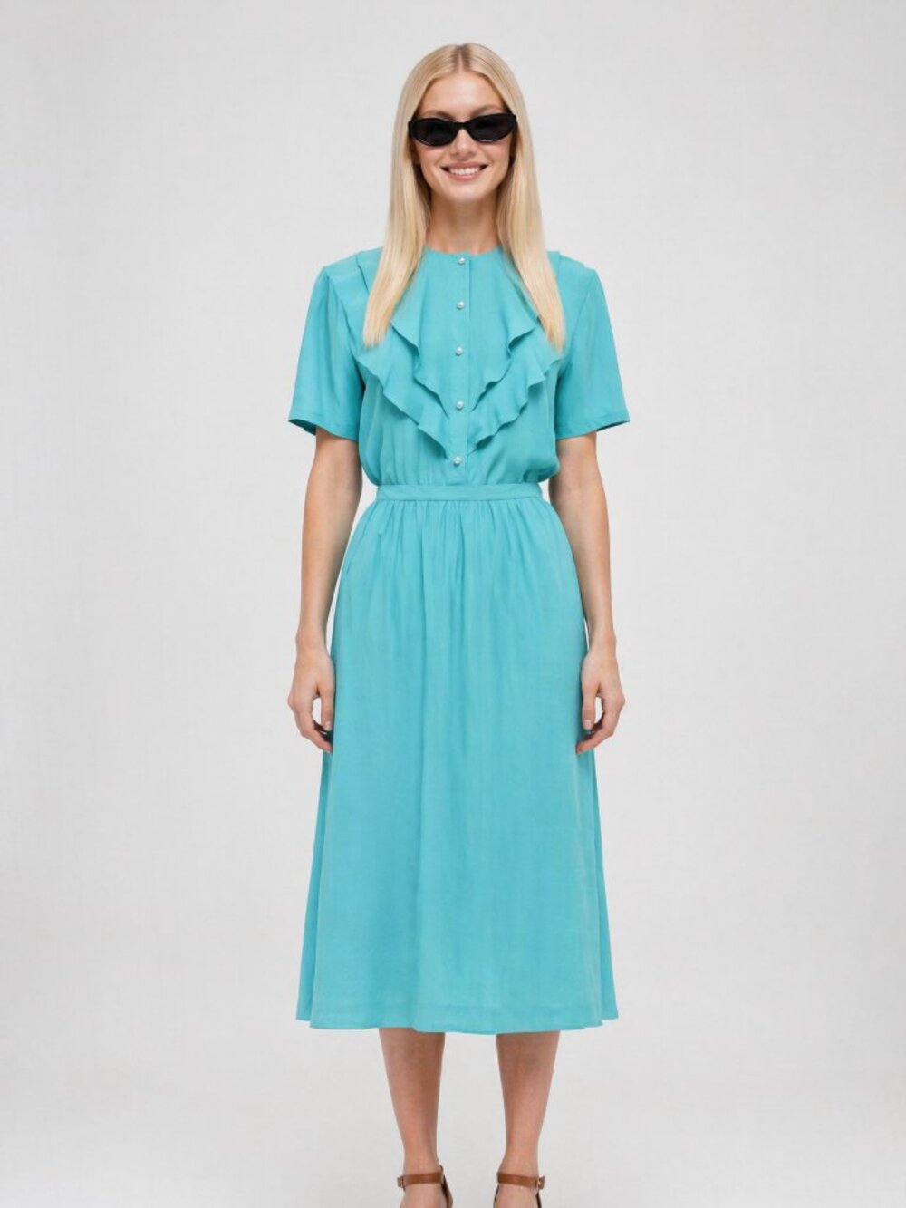 Vintage 70"s Turqouise Blue 100% silk Short Sleeve Blouse and Skirt Outfit